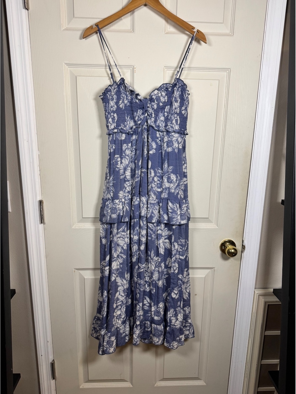Blue and White Floral Ruffle Midi Dress with Adjustable Straps